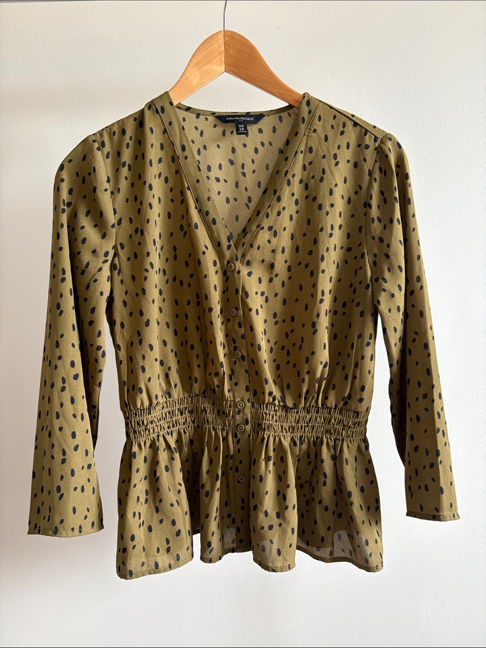 Banana Republic Olive Green Black Polka Dot V-Neck Peplum Blouse